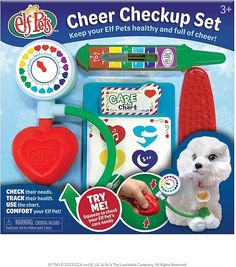 a toy set with a white dog next to it's packaging and instructions on how to use the kit