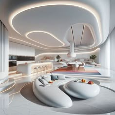 a futuristic living room with white furniture and circular lighting