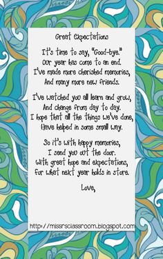 a poem written in blue, green and yellow with swirls on the background that says great expectations it's time to say goodbye