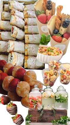 a collage of different foods and desserts including strawberries, fruit, cookies, rolls