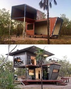 two pictures side by side with the same house made out of shipping containers and trees