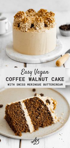 an easy vegan coffee walnut cake with swiss meringue buttercream