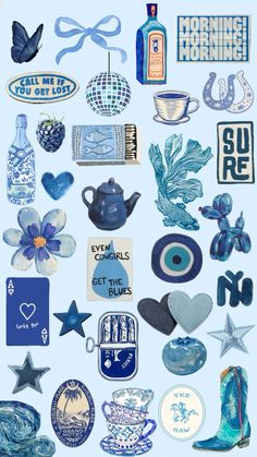 an assortment of blue and white stickers