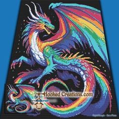 a cross stitch dragon with rainbow colors on it's wings and tail, sitting in front of a blue background