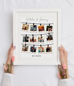 two hands holding up a white frame with photos hanging from clothes pins that say friends