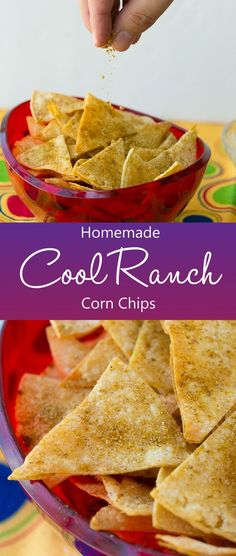 homemade cool ranch corn chips in a red bowl on a colorful tablecloth with text overlay that reads homemade cool ranch corn chips