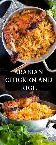 an image of chicken and rice in a pan with the words arabian chicken and rice