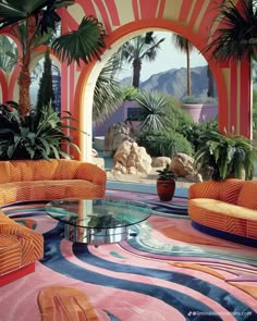 a living room filled with orange couches and palm trees in the background on top of a multicolored rug