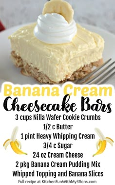 banana cream cheesecake bars recipe on a white plate