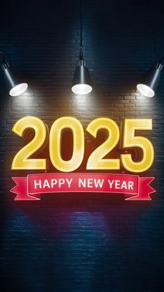 a neon sign that says 205 happy new year hanging from the side of a brick wall