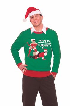 a man wearing an ugly santa sweater with his hands on his hips and the caption says $ 25 46