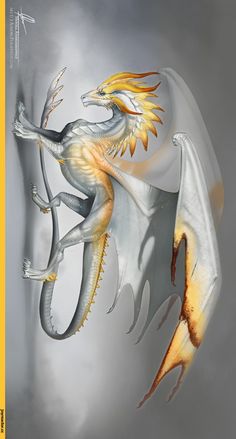 a white dragon with yellow wings flying through the air