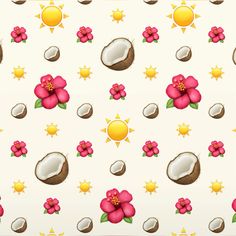 a pattern with coconuts, flowers and sun on white background for wallpaper or fabric