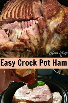 an easy crock pot ham recipe is shown in this collage