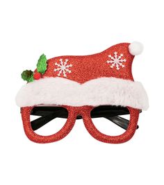 a red santa hat and glasses with snowflakes on it's head,