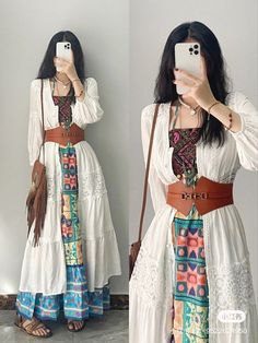 Unique Outfit Ideas For Women, Shall Outfit Ideas, Colorful Bohemian Outfits, Corset Belts Outfit, Vietnamese Outfit Casual, Western Indian Fusion Outfit, Boho Maximalism Outfits, Modest Bohemian Outfits, Modest Hippie Outfits