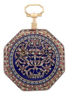 Antique Gold, Enamel, Silver, Brass, Diamond and Ruby Open Face Pocket Watch, by Julien le Roy, Paris, for the Turkish Market, circa 1750. Porcelain enamel dial with Turkish numerals, five minute outer ring, gilt movement, verge, chain fusee, enamelled case with diamond and ruby garland, dial and movement signed Jln. le Roy, a Paris, movement numbered. Turkish Market, Watch Locket, Small Watch, Antique Clocks