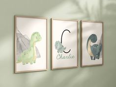 three children's wall art prints with the letter c and two dinosaurs on them