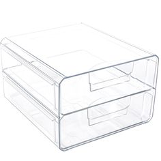 a clear plastic box with two drawers on the front and one drawer in the back