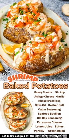 the menu for shrimp baked potatoes is shown