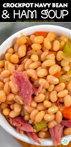 a white bowl filled with crockpot navy bean and ham soup