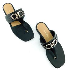 Ferragamo 100% Authentic! Black Leather Thong Flat Sandals Gold Gancini Logo Horse Bit Made In Italy Size 7 1/2 C Or Wide Very Light Wear And Excellent Looking! All Actual Photos Of The Item. Elegant Leather Flip Flops With Branded Insole, Elegant Leather Toe Post Flip Flops, Luxury Black Leather T-strap Sandals, Elegant Black Open Toe T-strap Sandals, Elegant Black T-strap Sandals With Open Toe, Luxury Black Leather Flip Flops, Elegant Black T-strap Sandals For Spring, Chic Black Toe Post Flip Flops, Designer Black Leather Flip Flops