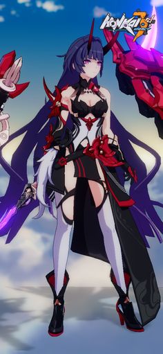 an anime character with long black hair and red eyes, standing in front of purple clouds