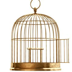 a golden birdcage hanging from the ceiling