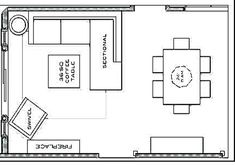 a floor plan for a living room with furniture and decor on the walls, as well as a dining area