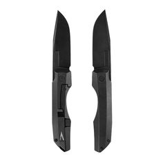 two knives with black handles are shown on a white background and one is open to show the knife blades