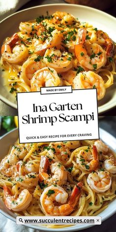 the cover of ina garter shrimp scampi is shown in front of a plate of pasta