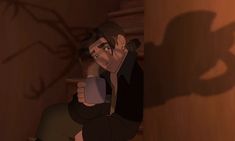 a cartoon character holding a coffee cup in his hand and looking at the camera man's shadow