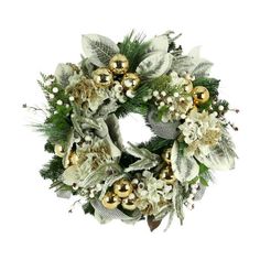 a christmas wreath with gold ornaments and greenery