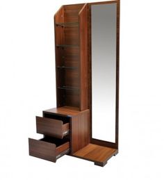 a tall wooden cabinet with drawers and mirror