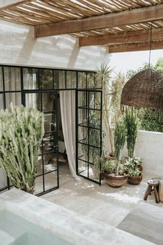 an outdoor patio with plants and potted plants