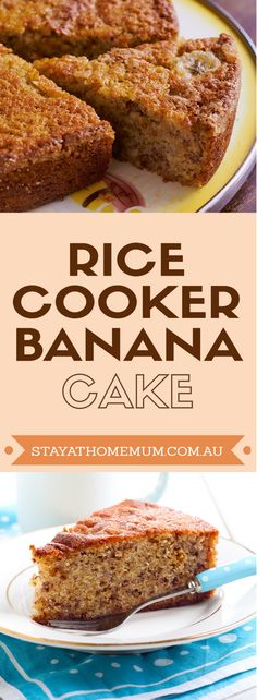 rice cooker banana cake on a plate with text overlay that reads rice cooker banana cake