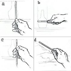 four pictures showing how to draw hands holding a pencil and writing on the same page