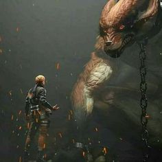 a man standing in front of a giant creature with chains on it's neck