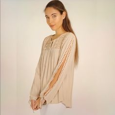 Taupe Colored Slit Sleeve Cotton Blouse. Tie At Wrist And Front At Neckline. 100% Cotton. Lace Design On Top. Shirt Wrinkles, Strapless Crop Top, Mesh Sleeves, Women Tunic Tops, Print Crop Tops, Cotton Blouse, Taupe Color, Womens Tunics, Lace Design