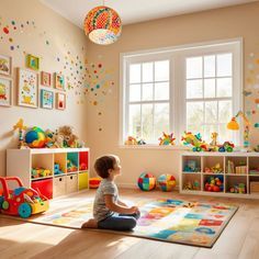 a young child sitting on the floor in front of a room with lots of toys