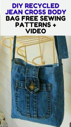 an old pair of jeans is hanging on a wall with the text diy recycled jean cross body bag free sewing pattern + video