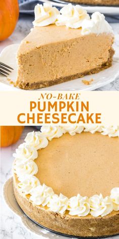 no bake extra creamy pumpkin cheesecake on a white plate with the words, no bake extra creamy pumpkin cheesecake