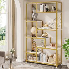 Tribesigns 70.9 Inches Tall Bookshelf, Modern 8-Tier Staggered Display Shelf with Faux Marble Shelves and Gold Metal Image 1 Staggered Bookshelf, Laundry/mudroom Ideas, Marble Shelves, Gold Bookshelf, Tall Bookshelf, Rococo Furniture, Tall Bookshelves, Marble Shelf, Stable Design