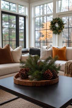 a living room filled with furniture and windows covered in pine cones on top of a coffee table