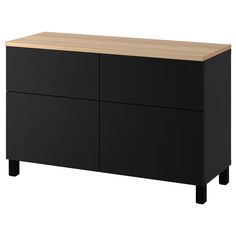 a black cabinet with two drawers and a wooden top on the bottom, against a white background