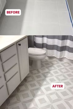 before and after photos of a bathroom floor