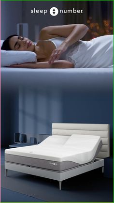 a woman laying on top of a bed next to a night stand with a mattress