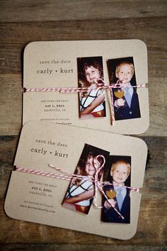 two wedding cards are tied with twine and some string to make them look like they have