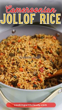 a pan filled with rice and vegetables on top of a stove