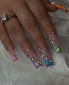 Cute Colorful Nails, Acrylic Toe Nails, Colorful Nails, Nails Design With Rhinestones, French Tip Acrylic Nails, Dope Nail Designs